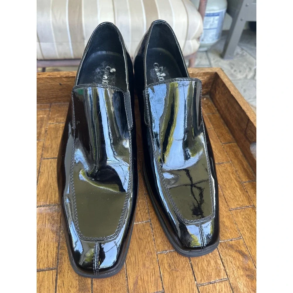 Calvin‎ Klein Mens Gregory Black Patent Leather Square Toe Slip On Loafers 10M